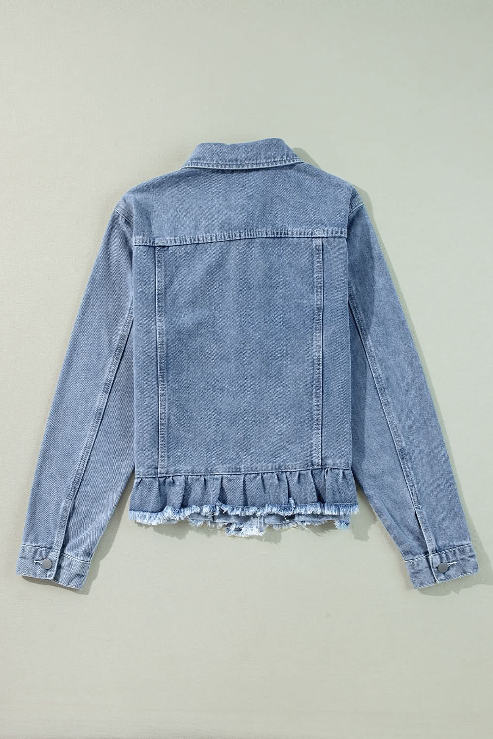 Beau Blue Ruffle Raw Hem Flap Pockets Denim Jacket - Love Salve